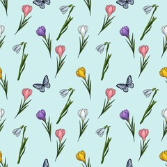 Colorful Crocuses with Snowdrops and Butterflies Seamless Pattern Small Design on Blue Background for Wrapping Paper and Prints