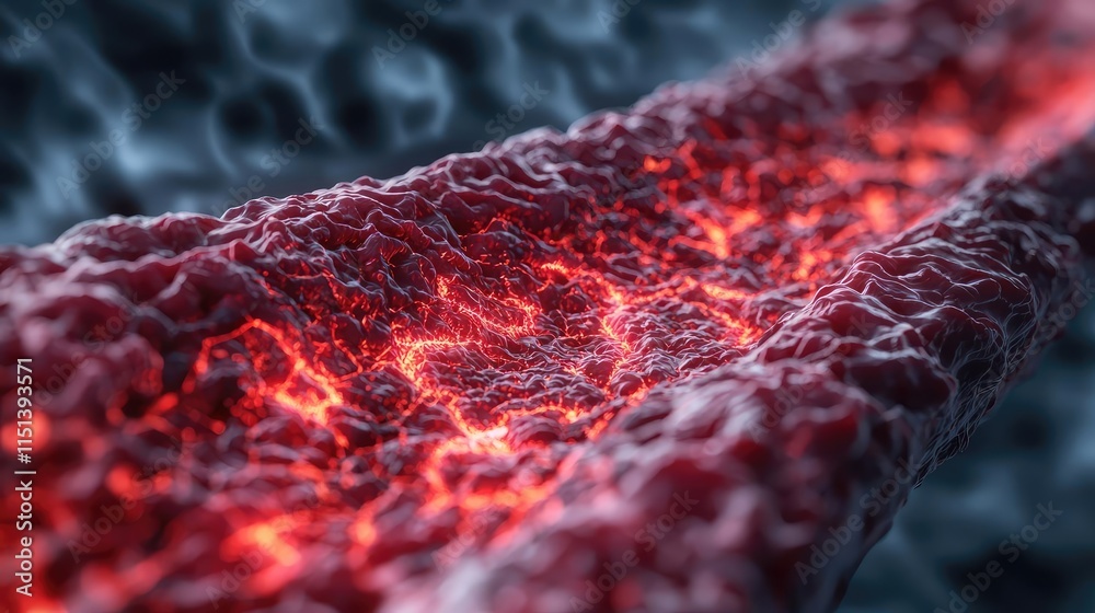 Poster gastroesophageal reflux disease concept. close-up view of biological cells with glowing structures a
