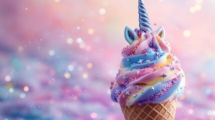 A vibrant unicorn-themed ice cream cone, featuring multi-colored swirls of pastel ice cream adorned with shimmering edible glitter, candy stars, and a sugar unicorn horn,