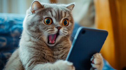 Surprised cat staring at smartphone with wide eyes and open mouth