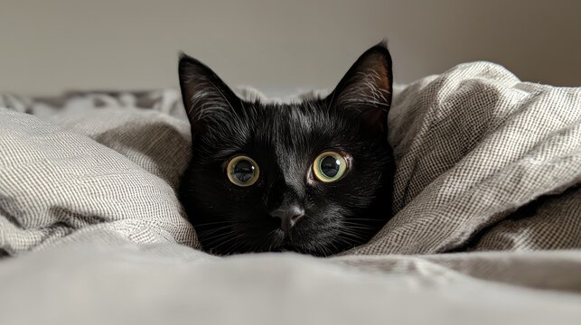Black cat under the bedcover