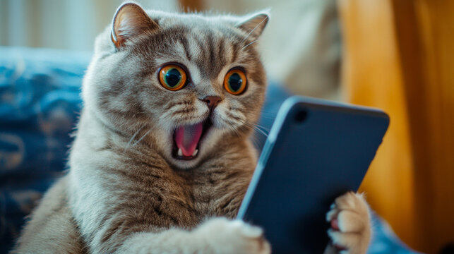 Surprised cat staring at smartphone with wide eyes and open mouth