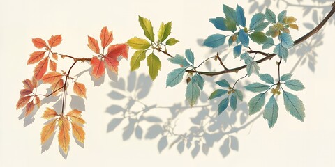 Colorful Autumn Leaves Branch with Shadows Nature Photography