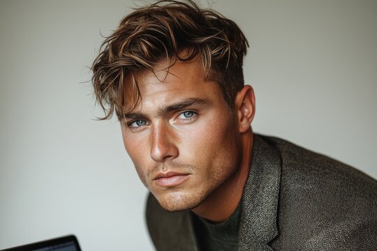 Confident young man with casual hairstyle looking directly at camera in stylish blazer