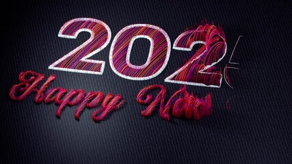 2025 Happy New Year text in a colorful embroidered style, revealed through a 3D perspective motion view on fabric, creating a festive and textured appearance. - Powered by Adobe
