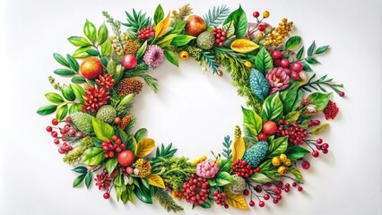 Aerial Floral Wreath Photography: Hand-Drawn Round Frame, Leaf Design, Decorative Element, Botanical Illustration