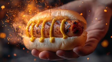 macro food photography, grilled hot dog, soft white bun, zigzag yellow mustard, charred sausage edges, hands holding presentation, warm bokeh background, dramatic side lighting, commercial food