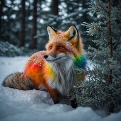 Fototapeta premium A glowing fox-like creature with rainbow fur curling up under a frosty evergreen wrapped in garlands.