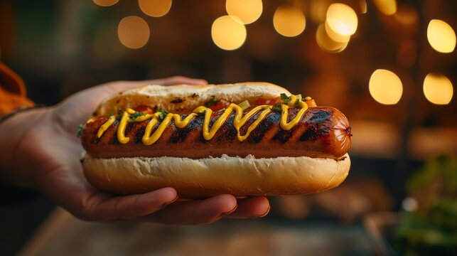 macro food photography, grilled hot dog, soft white bun, zigzag yellow mustard, charred sausage edges, hands holding presentation, warm bokeh background, dramatic side lighting, commercial food - Powered by Adobe