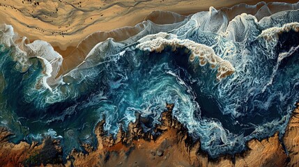 Aerial view of ocean waves crashing onto sandy beach and rocky shore.