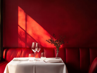 cozy restaurant setting featuring white tablecloth, elegant glassware, and vase with dried flowers against rich red wall, creating warm and inviting atmosphere