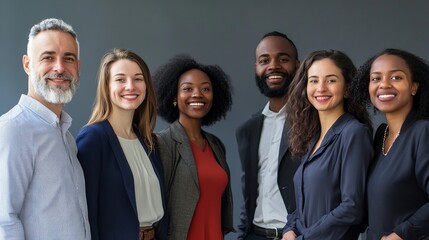 A group of people are smiling for a photo, with one man wearing a gray shirt