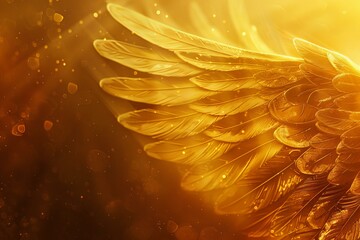 Golden angel wings illuminated by heavenly light, evoking freedom, spirituality, and divine presence