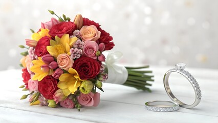 background image of a flower bouquet with a wedding theme ring