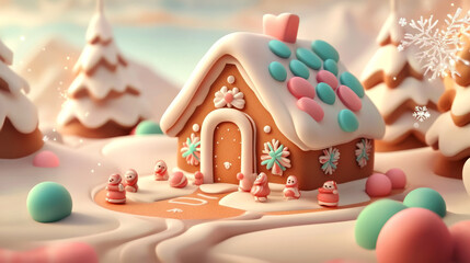 Fototapeta premium Gingerbread Wonderland: A whimsical, 3D-rendered gingerbread house nestled amidst a snowy winter landscape, adorned with candy and snowflakes, creating a festive and enchanting scene. 