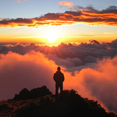 Obraz premium silhouette of a person standing on a mountain peak, surrounded by vibrant clouds illuminated by a breathtaking sunset. The serene atmosphere conveys a sense of peace, reflection, and adventure