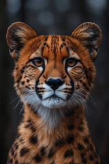 Fototapeta premium close-up portrait of a young leopard with intense golden eyes and striking spotted fur, set against a dark, blurred background that highlights its majestic and captivating presence