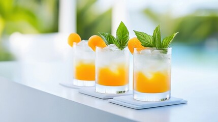 Fototapeta premium Three glasses of orange juice with a slice of orange in the middle