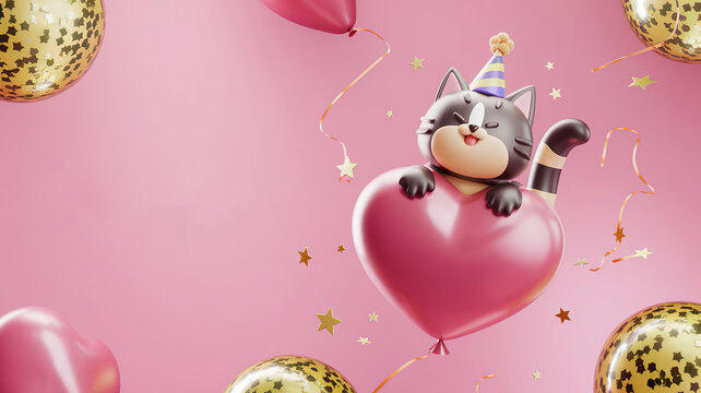 greeting card with playful cartoon cat hugging a giant heart-shaped sign pink background - Powered by Adobe