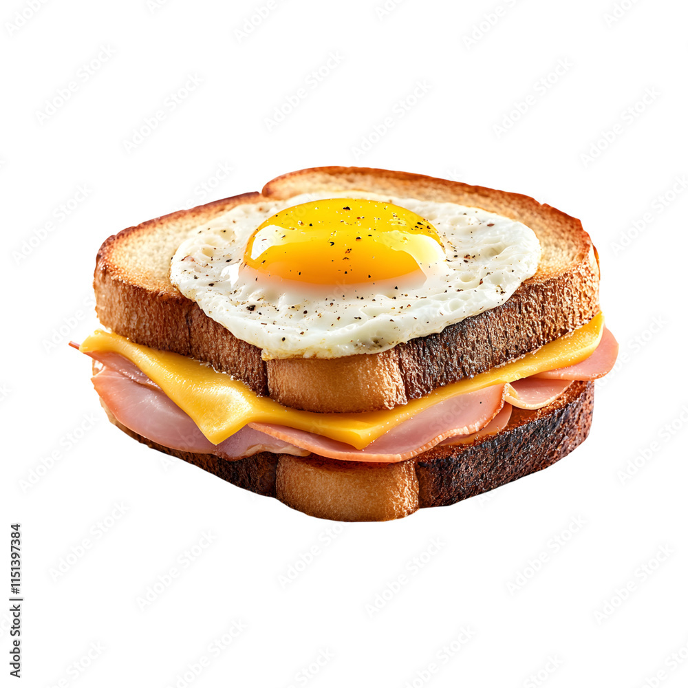 Poster Tasty French homemade crunchy croque Madame sandwich isolated on transparent background