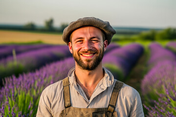 Young caucasian male smiling in lavender field at sunset