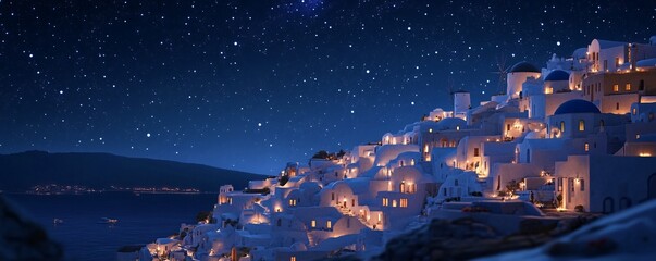 A starry night over Santorini with whitewashed buildings and blue domes illuminated