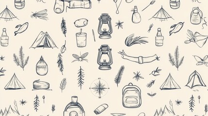 seamless pattern background, hand drawn camping gear, simplified line art, pen and ink style, camping icons with lantern, tent, compass, backpack, campfire, water bottle, mosquito, decorative swirls,