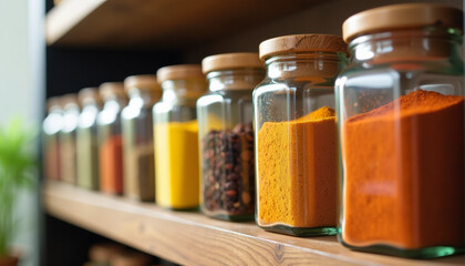 Colorful Spices in Glass Jars on Kitchen Shelf