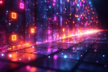 futuristic technology background illustrating abstract data flow with neon blocks and vibrant colors, representing business analytics and ai in a dynamic and modern design