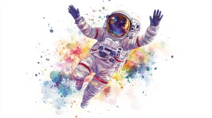 Astronaut floating freely amidst vibrant cosmic watercolor splashes..