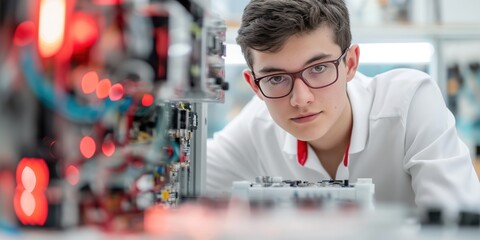 A focused young man examines electronic components in a lab, showcasing his interest in technology and engineering. Kid Inventors' Day