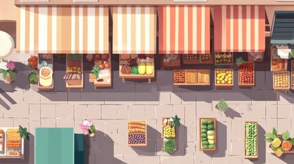 Top-down view of street market layout, collection of food vendor booths, simplified architectural style, uniform small business stalls, pastel-colored awnings, selling fresh produce flowers pizza and