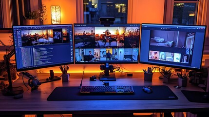 A clean and organized virtual meeting setup with dual monitors, one showing a vibrant video conference and the other displaying shared slides, a compact microphone, and a warm,