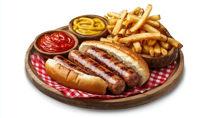 appetizing frankfurter sausages on artisanal buns, condiment bowls with yellow mustard and red ketchup, pickled relish garnish, rustic wooden plate, red gingham cloth accent, cherry tomatoes cluster,