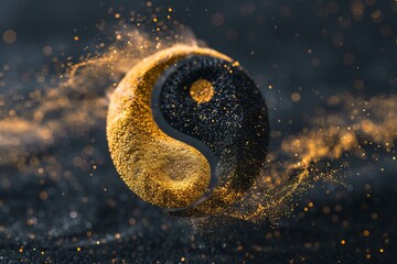 Golden and black yin and yang symbol rotating and generating sparkling particles on a dark background, representing balance and harmony