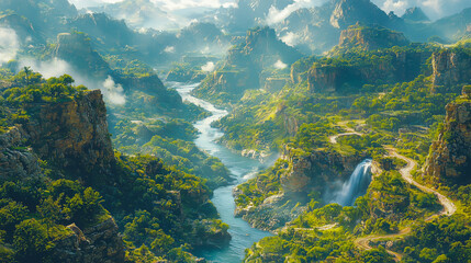 Serene Winding Road Through Lush Green Forest with Misty Waterfall in a Peaceful Rainy Atmosphere
