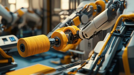 A close-up shot of an industrial textile production line with robotic arms weaving fabric.