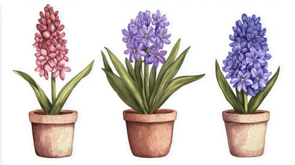 Watercolor hyacinths in terracotta pots: pink, purple, blue blooms