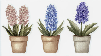 Potted hyacinth flowers in pastel colors