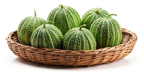 Obraz premium Bitter Melon Basket - Worm's Eye View Stock Photo, High-Resolution Image, Background, Asian Vegetable, Gourd, Food Photography