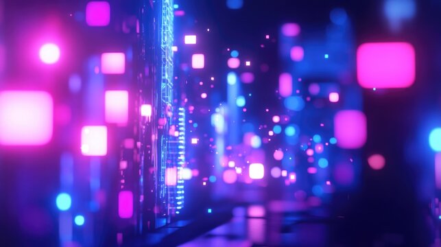 Glowing neon blue and purple data points in an abstract cityscape background.