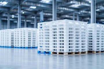 Towering stacks of plastic pallets inside spacious warehouse. Efficient shipping and storage solutions, showcasing industrial demand for streamlined supply chain management and operational logistics.
