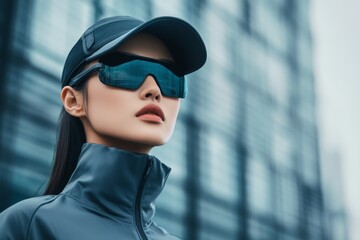 Model in an urban setting wearing futuristic apparel powered by flexible batteries. Wearable innovation practical application urban backdrop. Technology integrated fashion advanced materials.