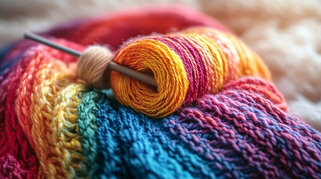 A close-up of a rainbow-colored woolen shawl being knitted, the vivid yarn rolls and knitting needles visible, set on a light beige background, natural light illuminating the rich colors, hd quality,