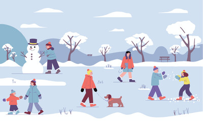 Vector illustration of a snowy park with people engaging in various winter activities, easily editable.