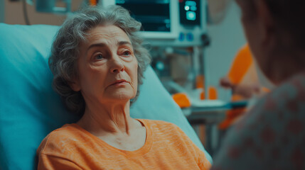 Obraz premium Elderly woman lying in hospital bed and talking to doctor.