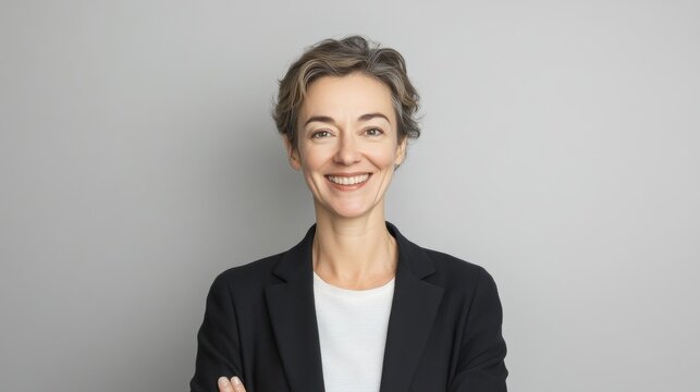 Smiling calm middle-aged woman, professional lady, businesslike and confident,