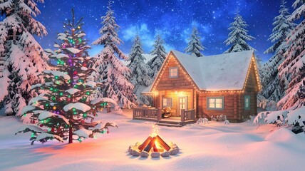 Serene winter wonderland featuring cozy cabin, glowing tree, and snowy forest.