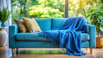 Blue Couch Blanket Photography: Rule of Thirds Composition, Cozy Home Interior, Serene Living Room Scene