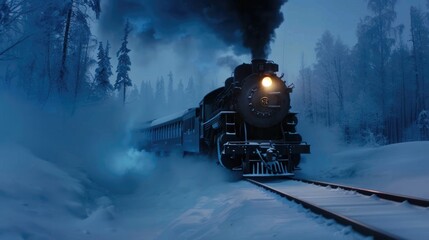 Steam locomotive traveling through snowy winter landscape in forest at night